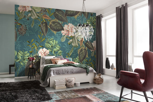 Teal Tropic Teal Wall Mural with Botanical Floral Pattern - Komar X7-1039