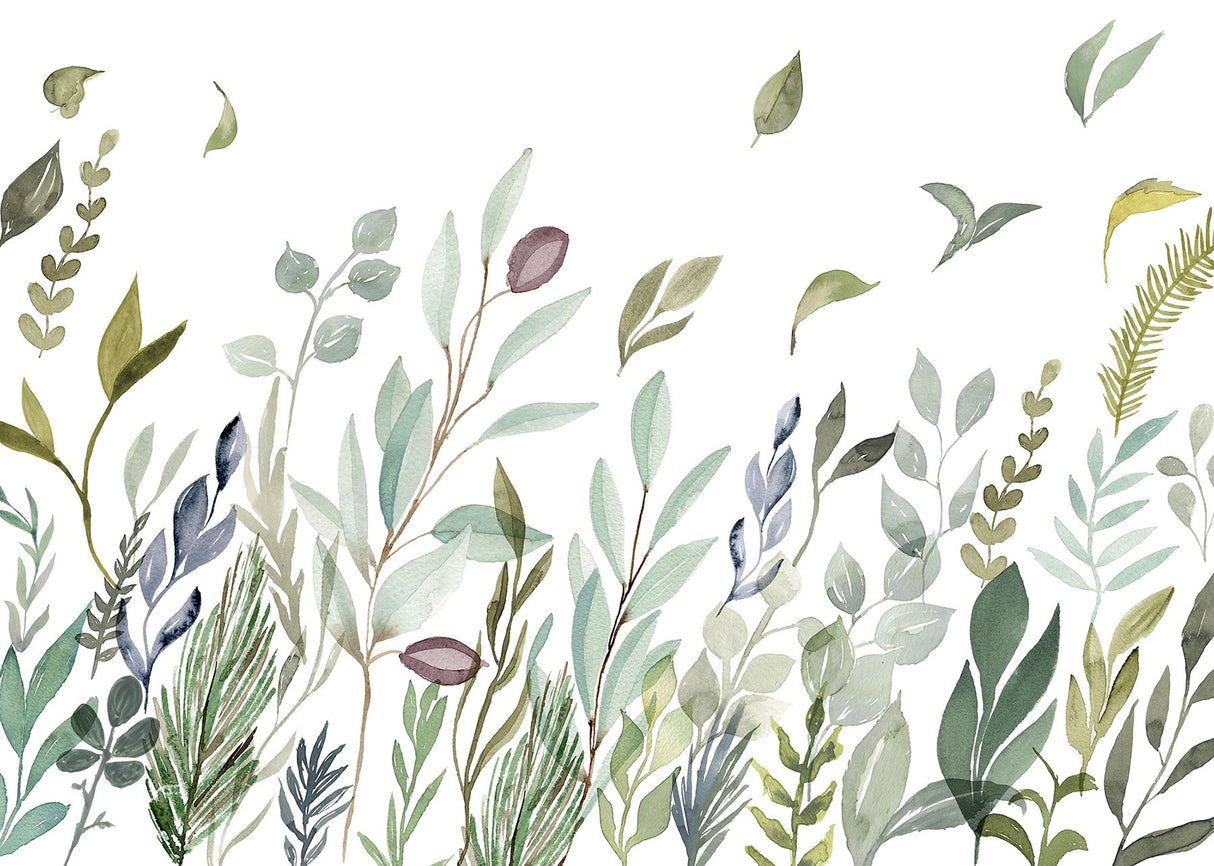 Breeze Green Botanical Leaves Wall Mural with Scandinavian Watercolor Motif - Komar X7-1042