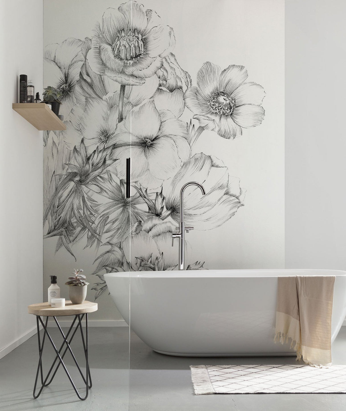 Embroidered Flowers Black & White Non Woven Wall Mural with Floral Sketch Pattern - Komar XXL2-1035