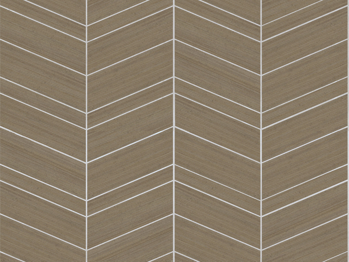 Chevron Abaca grasscloth wallpaper in cinnamon brown with white chevron lines.