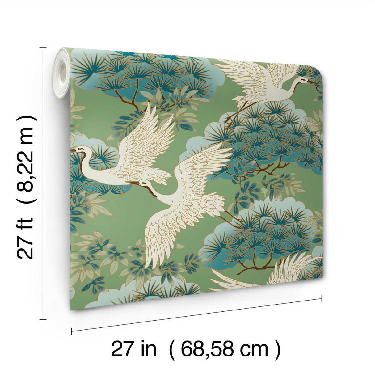 Sprig & Heron Green by Ronald Redding Tea Garden II Traditional Botanical Flying Herons Bonsai Metallic Wallpaper - ZA8008