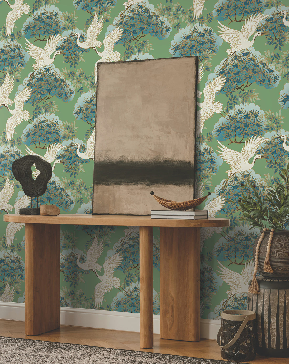 Sprig & Heron Green by Ronald Redding Tea Garden II Traditional Botanical Flying Herons Bonsai Metallic Wallpaper - ZA8008