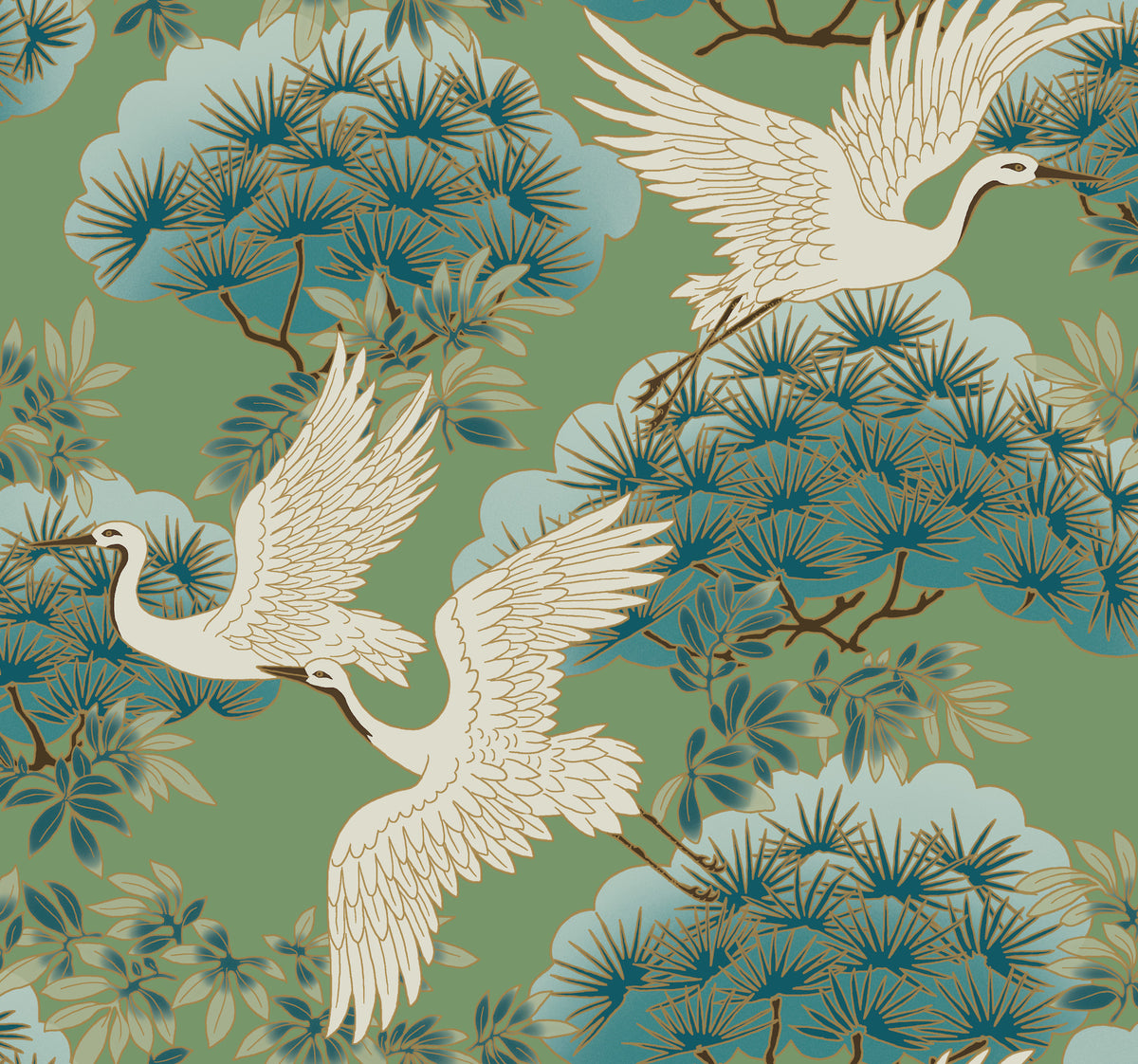 Sprig & Heron Green Wallpaper by Ronald Redding - ZA8008 - Tea Garden II Collection