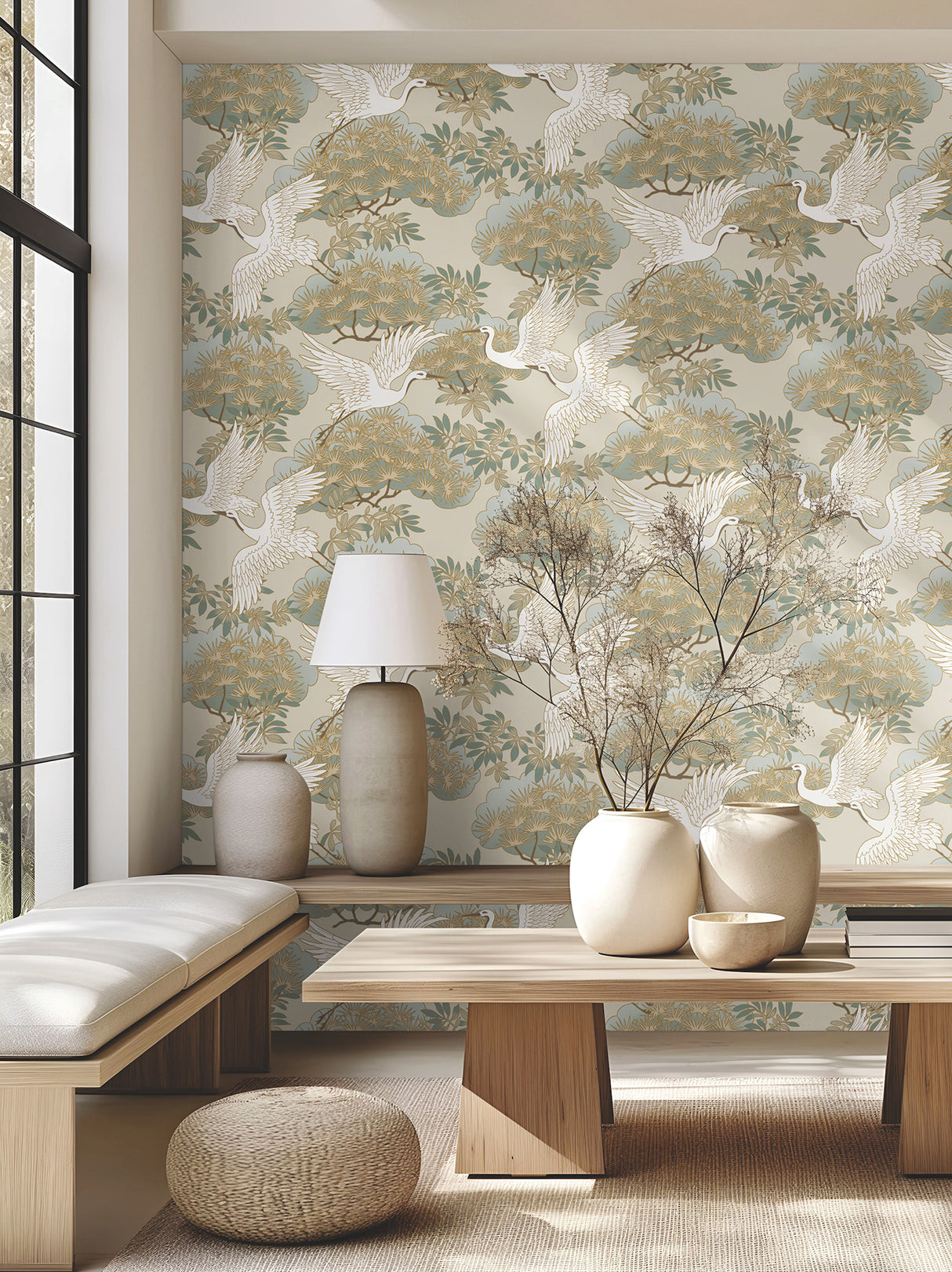 Sprig & Heron Beige by Ronald Redding Botanical Wallpaper- York Designer Series ZA8009