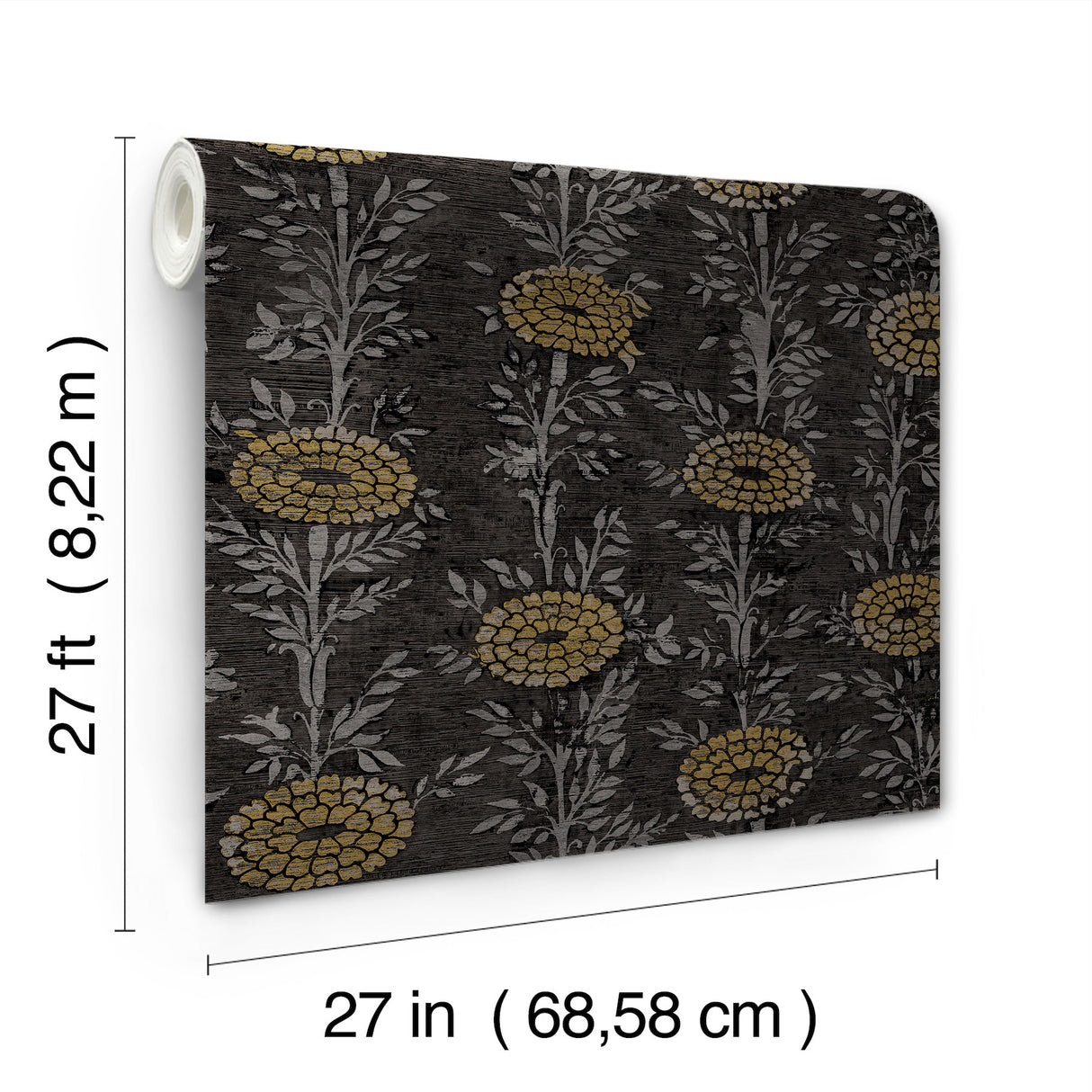 French Marigold Black and Gold Metallic Botanical Floral Non-Woven Unpasted Strippable Wallpaper by Ronald Redding Tea Garden II - ZA8017