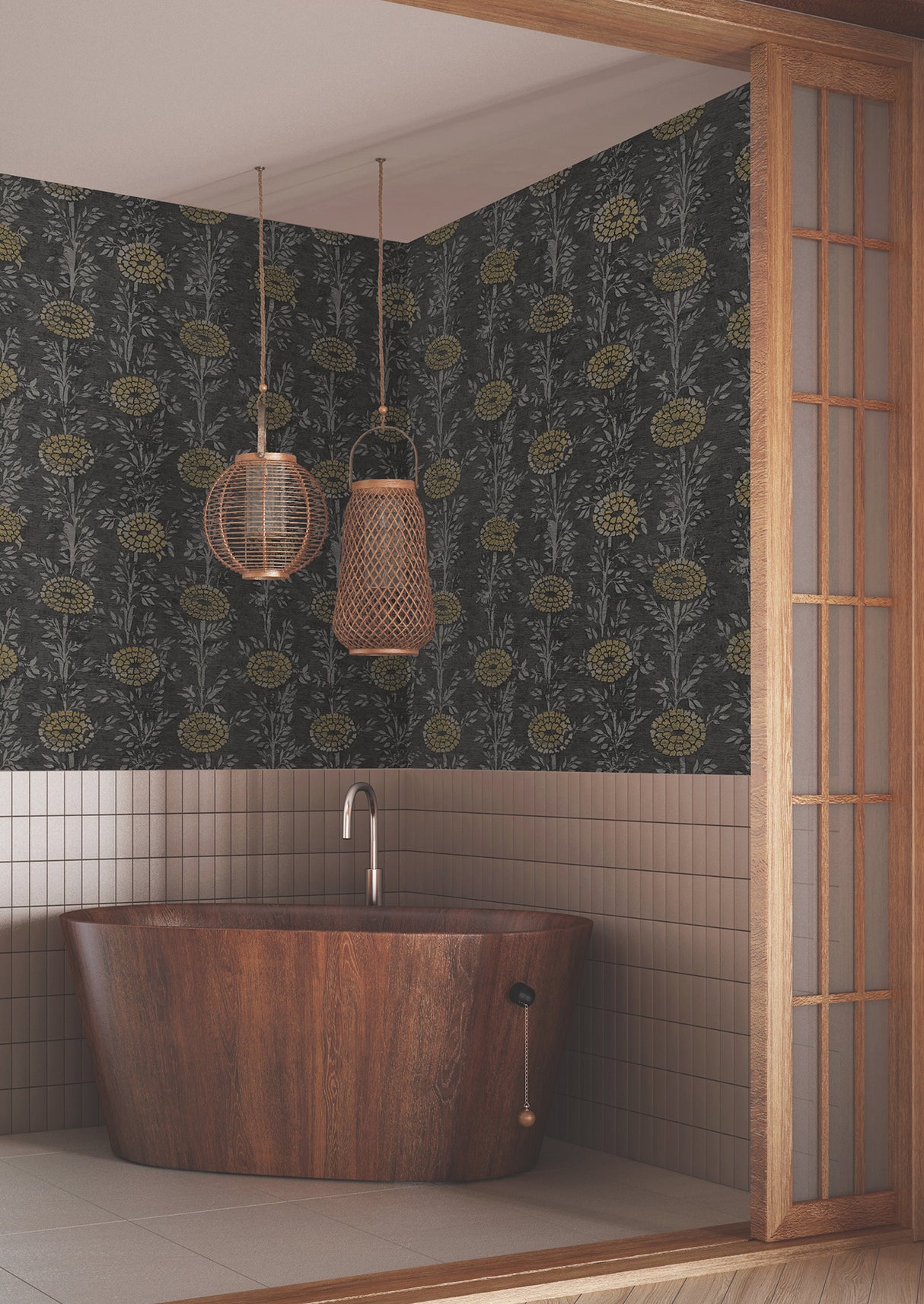 French Marigold Black and Gold Metallic Botanical Floral Non-Woven Unpasted Strippable Wallpaper by Ronald Redding Tea Garden II - ZA8017
