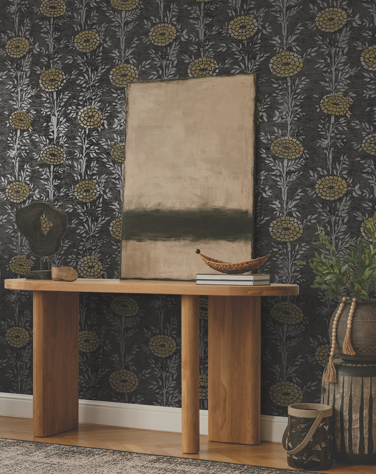 French Marigold Black and Gold Metallic Botanical Floral Non-Woven Unpasted Strippable Wallpaper by Ronald Redding Tea Garden II - ZA8017