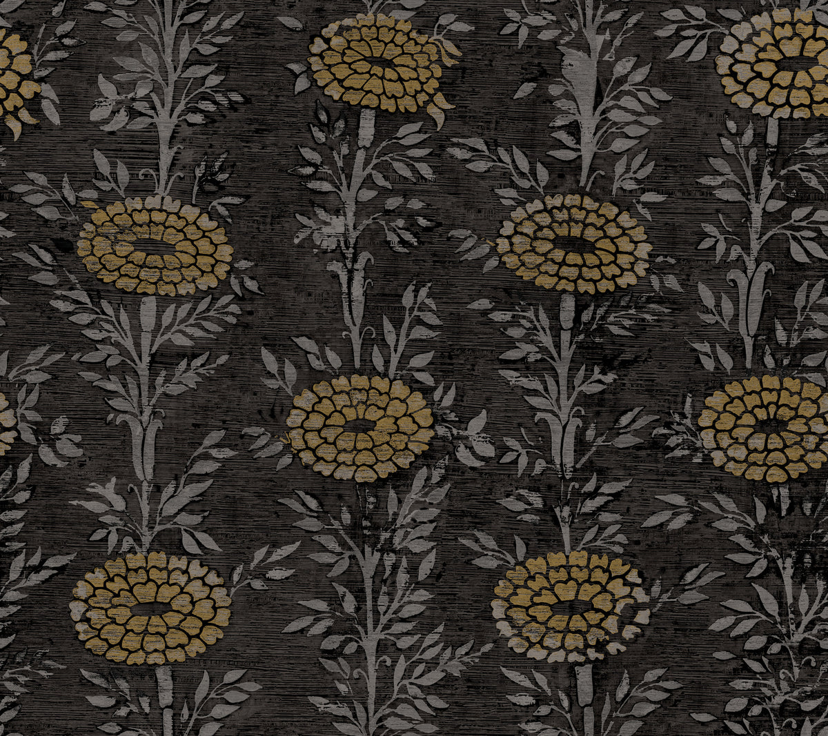 French Marigold Black and Gold Metallic Botanical Floral Wallpaper by Ronald Redding - ZA8017