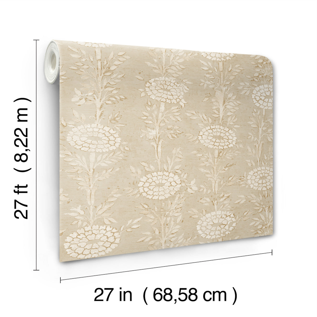 French Marigold Taupe and Gold by Ronald Redding Designs Tea Garden II Eclectic Metallic Floral Unpasted Non Woven Wallpaper Roll - ZA8018