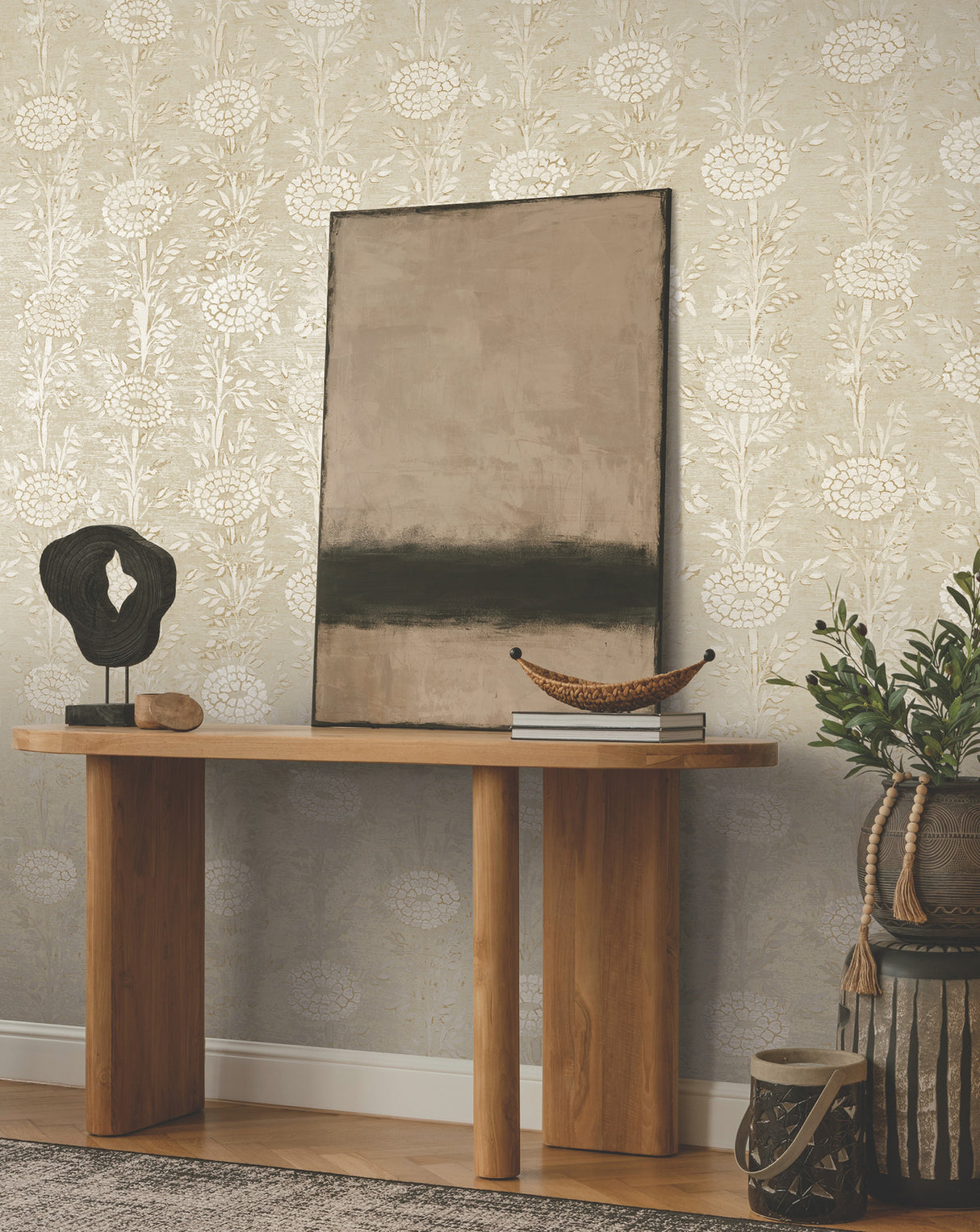 French Marigold Taupe and Gold by Ronald Redding Designs Tea Garden II Eclectic Metallic Floral Unpasted Non Woven Wallpaper Roll - ZA8018