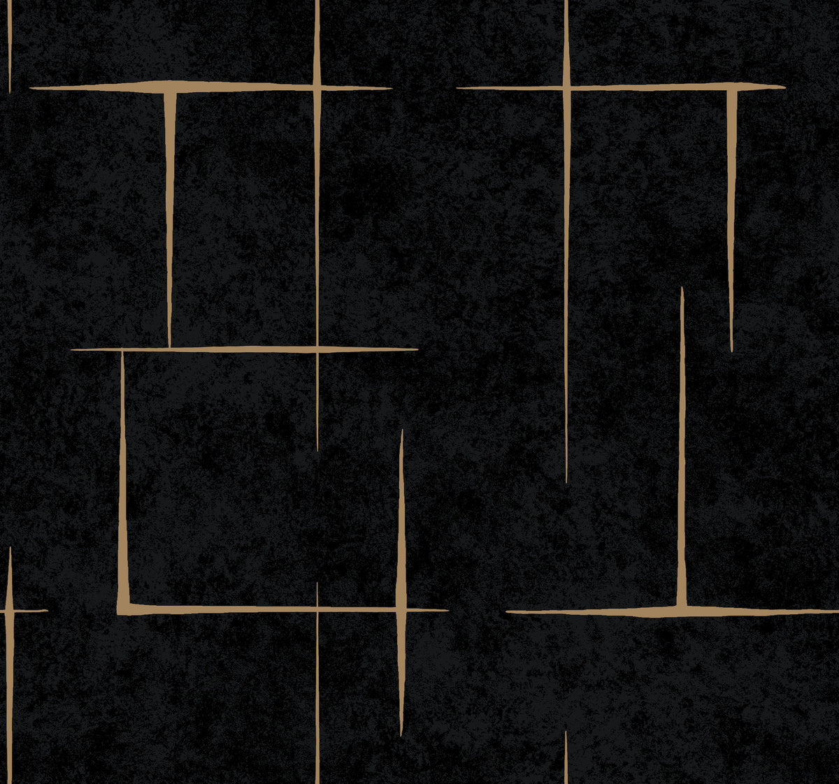 Malia Gold and Black Wallpaper by Ronald Redding ZA8054 - close-up of geometric hatchwork pattern with gold metallic accents on black textured background