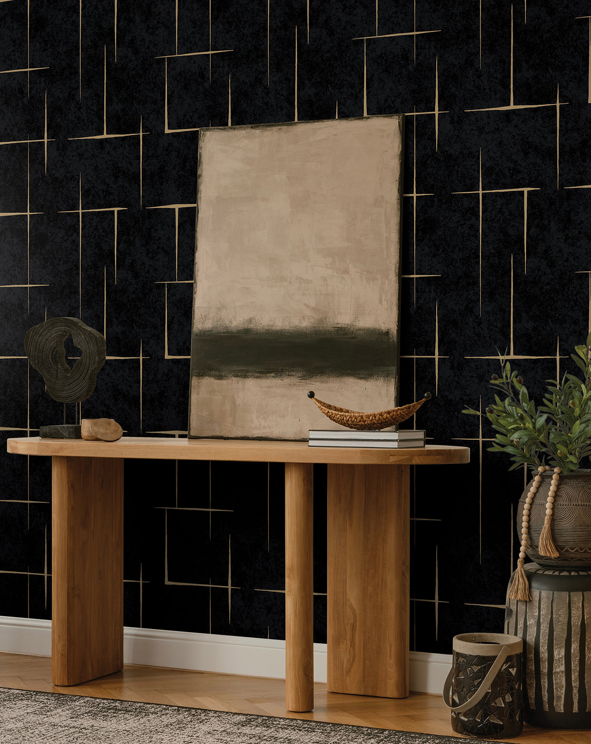 Malia Gold and Black by Ronald Redding Modern Geometric Metallic Hatchwork Non Woven Wallpaper from Tea Garden II Collection - ZA8054