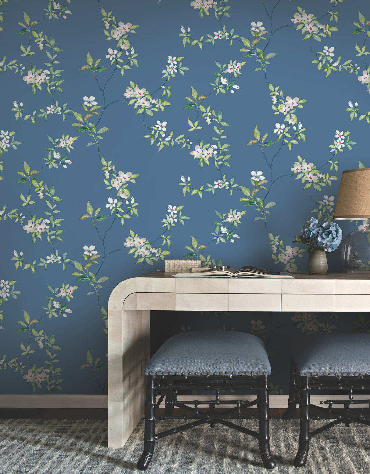 April Blossom Cobalt by Ronald Redding Tea Garden II Transitional Watercolor Floral Unpasted Non Woven Wallpaper - ZA8072