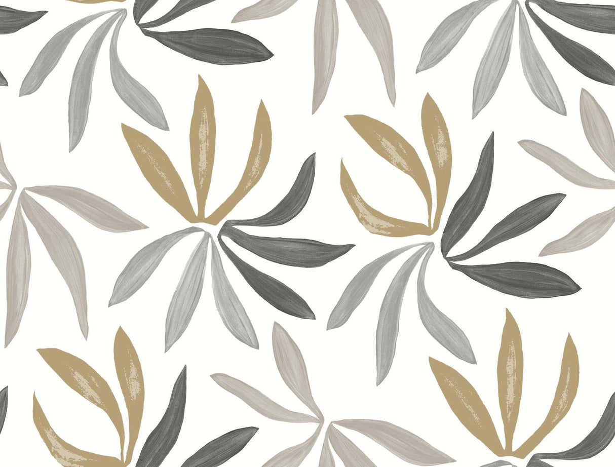 York Wallcoverings Little Garden wallpaper in Graphite & Gold with painterly palm leaves, 27 in x 27 ft roll.