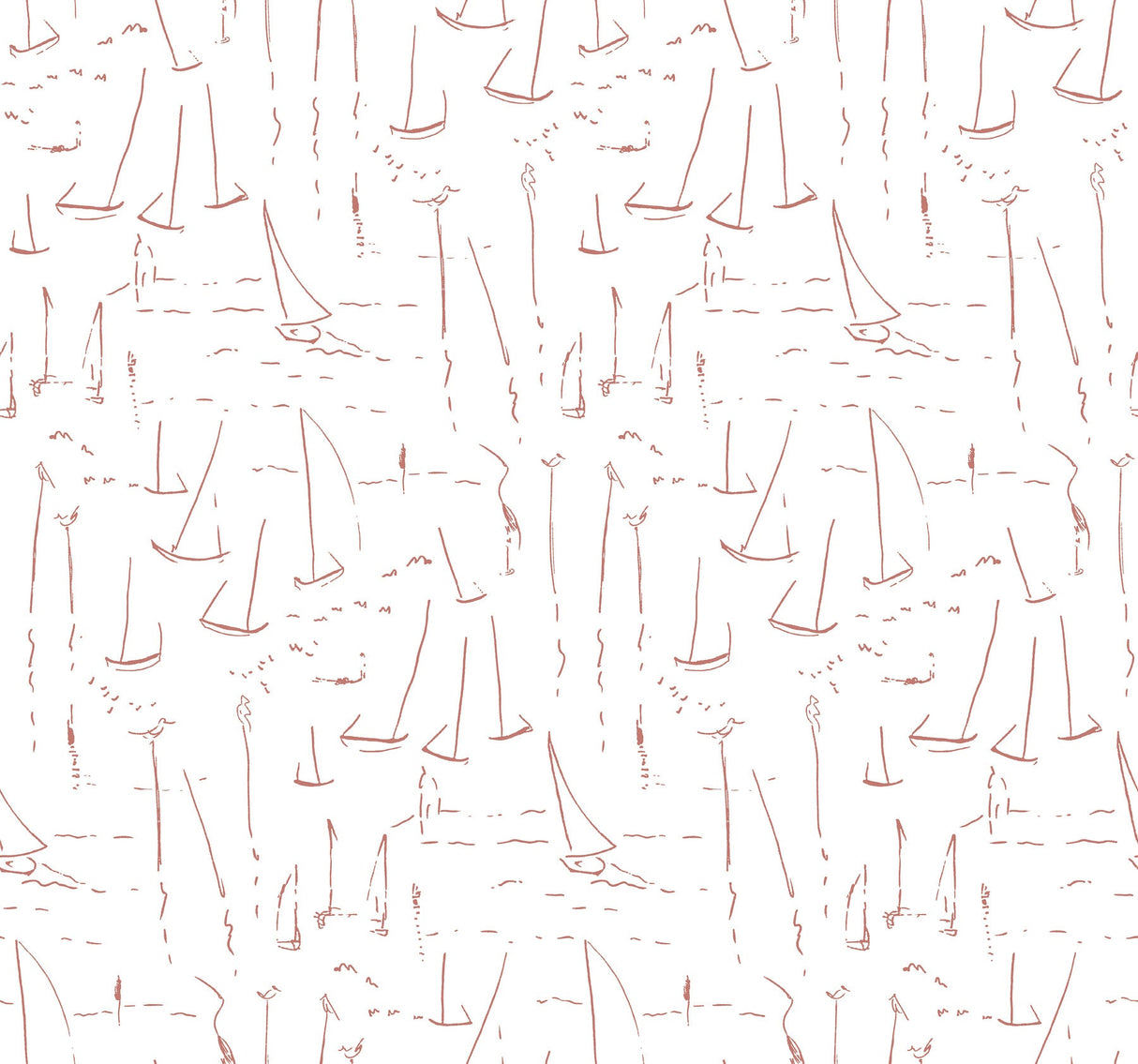 Vermillion Coast Vermillion sailboat wallpaper in terracotta by York Wallcoverings, SKU ZM2843