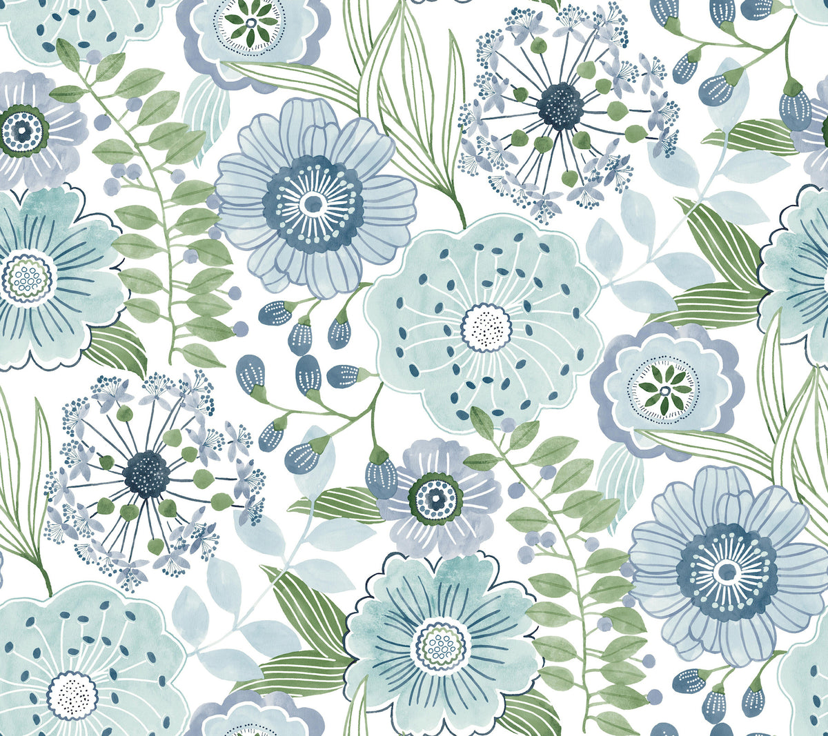 Artistic Bouquet Alpine & Leaf Wallpaper by York Wallcoverings ZM2892 - Whimsical watercolor wildflower and greenery pattern in blue, aqua, and green on a white background