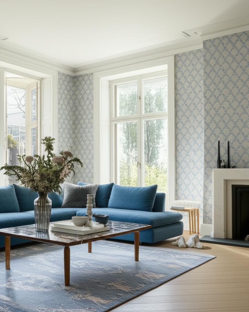 SOMMARSLÖJA Blue Floral Lattice Wallpaper by Boråstapeter – Schumacher 3269