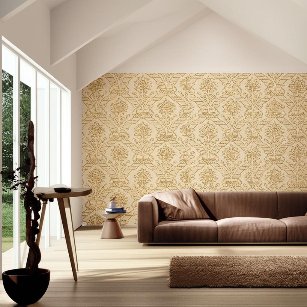 Siena Damask Natural by Schumacher Palazzo Collection Damask Wallpaper – Schumacher 5003650