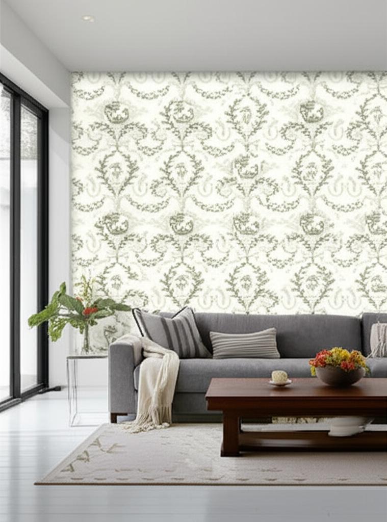 Jester Arabesque Grisaille by Schumacher Classic Arabesque Botanical Scenic Wallpaper – Schumacher 5004110