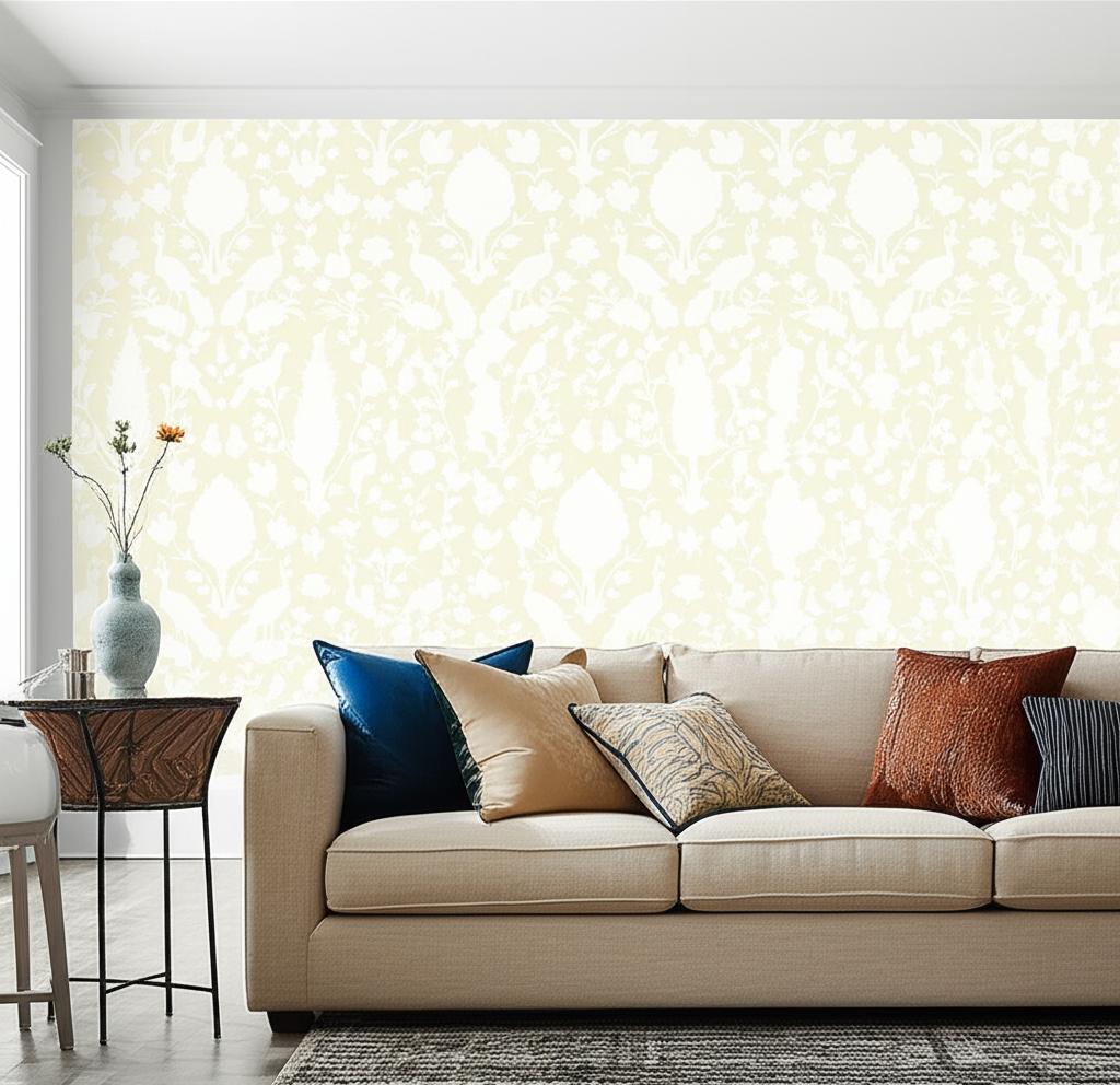 Chenonceau Bisque by Schumacher Enchanting Flora and Fauna Damask Wallpaper – Schumacher 5004124