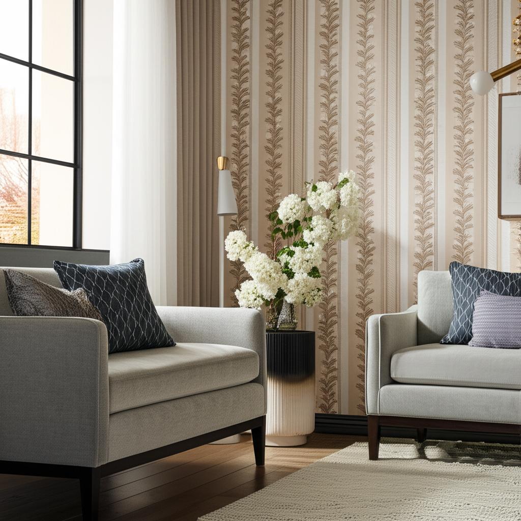 Hydrangea Drape Fawn by Schumacher Large-Scale Floral Stripe Wallpaper – Schumacher 5004453