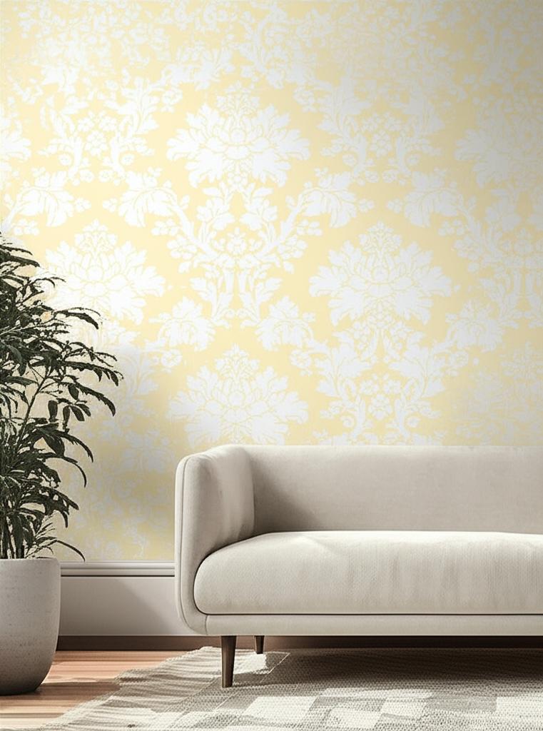 Tierni Damask Buttercup by Schumacher Classic Yellow Damask Wallpaper – Schumacher 5004461
