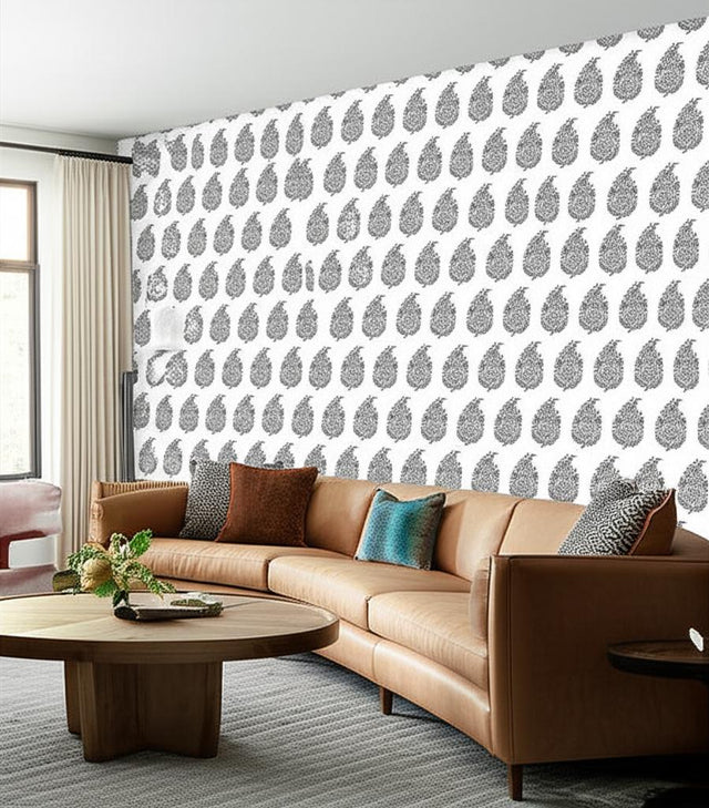 Rajasthan Paisley Silver by Schumacher Greenhouse Collection Surface Print Washable Wallpaper – Schumacher 5004474