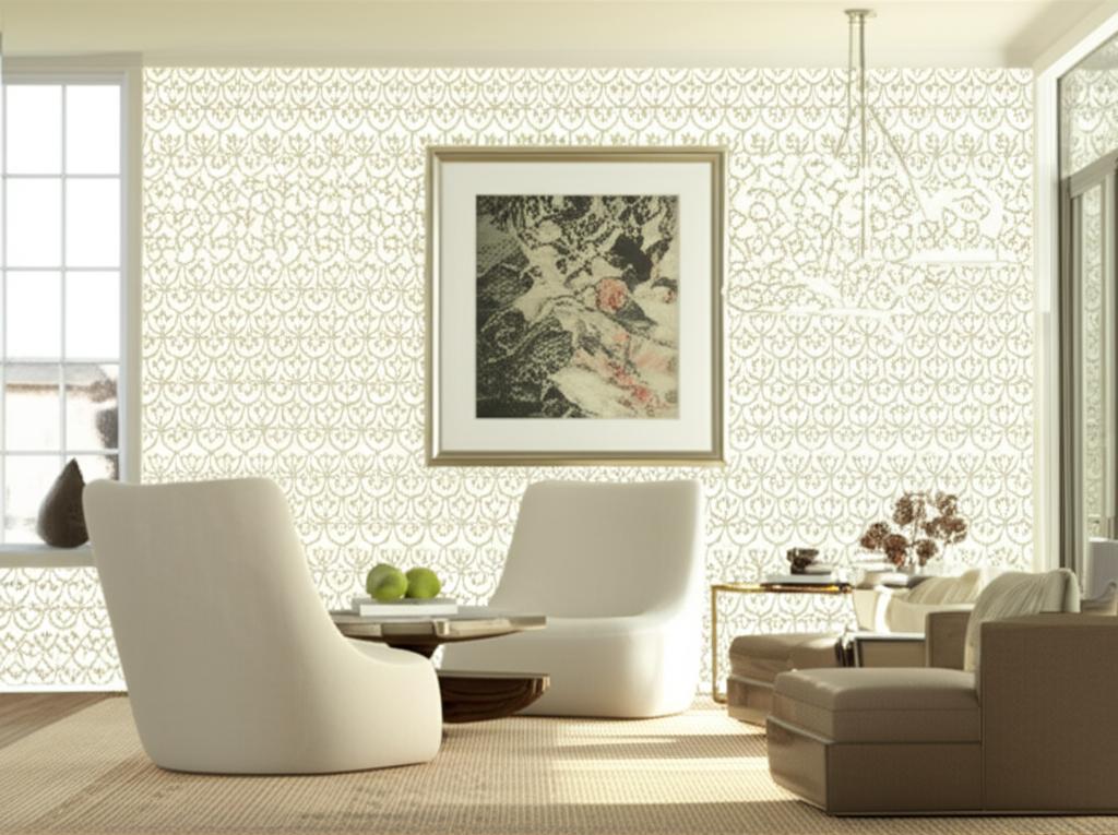 Manor Gate Sand by Schumacher Modern Nature Collection Geometric Scroll Wallpaper – Schumacher 5005052