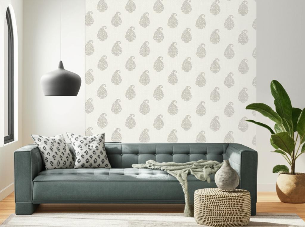 Kerala Paisley Oyster by Schumacher Hand Screen Printed Paisley Wallpaper – Schumacher 5005280