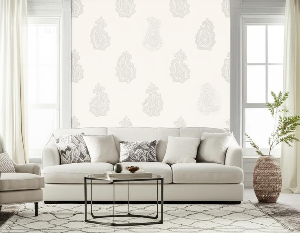 MADRAS PAISLEY Oyster by Schumacher Jaipur Collection Hand Screened Washable Wallpaper – Schumacher 5005300