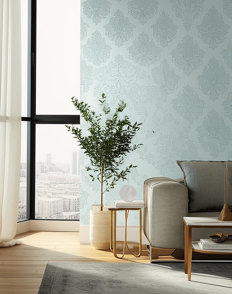 Beaded Damask Sky by Schumacher Handcrafted Damask Wallpaper – Modern Glamour Collection 5005661