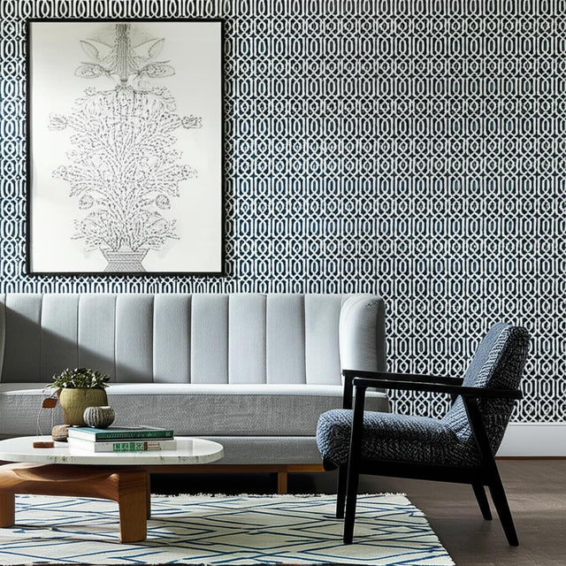 Imperial Trellis II Ivory/Navy by Schumacher – Kelly Wearstler Geometric Trellis Wallpaper 5005801