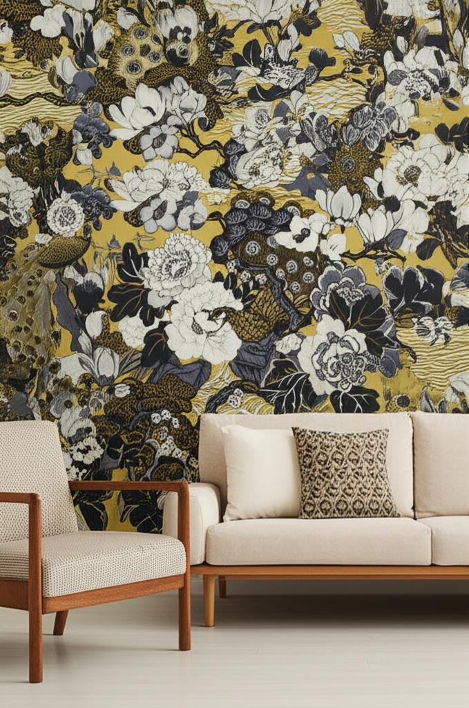 Shanghai Peacock Brass by Schumacher Exuberant Prints Collection Wallpaper – Schumacher 5006991