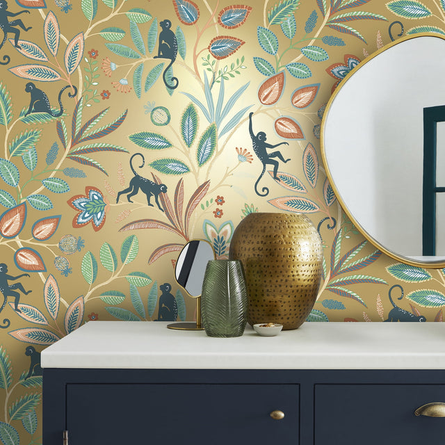 Kenzo Gold Monkey Walk by Fine Decor Animals Wallpaper – Brewster FD43841