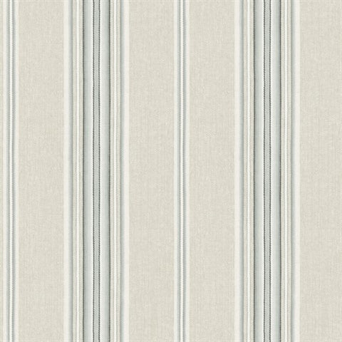 Calvados Turquoise linen stripe wallpaper by Chesapeake with aqua and teal bands on a light grey linen ground.