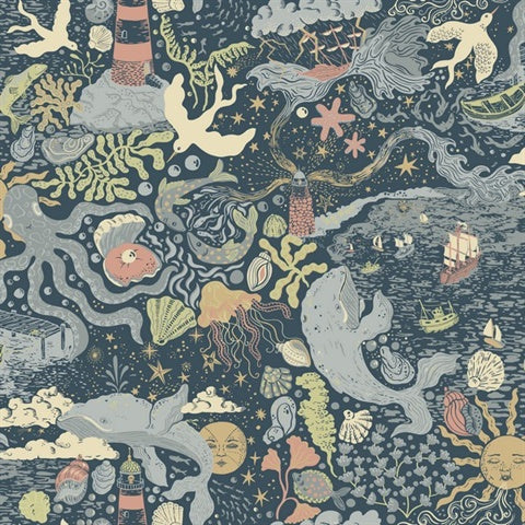 Havet Dark Blue ocean-themed wallpaper with whimsical sea creatures – York Wallcoverings MB29018