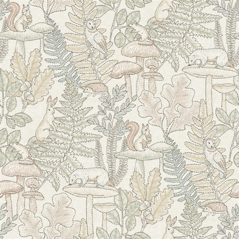 Chesapeake Holt Pastel Woodland Wallpaper pattern with animals and foliage in soft pastels