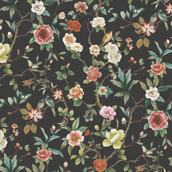 Kimora's Garden Black floral and birds wallpaper by Ronald Redding, Non Woven, 33.25 in x 24 ft