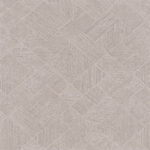 Antonina Vella Marquetry Grey Tile Wallpaper roll and room scenes in pearlescent grey geometric tile pattern.