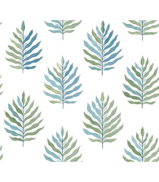 Miramar Lush palm leaf wallpaper by York Wallcoverings, blue and green leaves on white