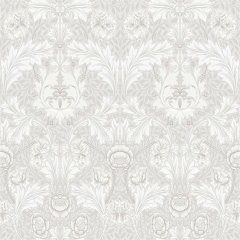 Myrtle Dove Floral Ogee Wallpaper pattern in whites and soft greys