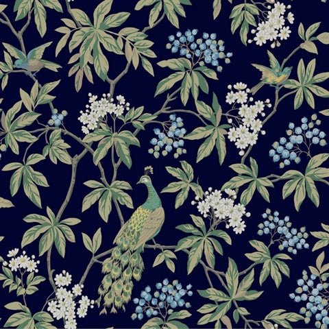 Peacock Estate navy wallpaper with peacocks and foliage on dark blue background