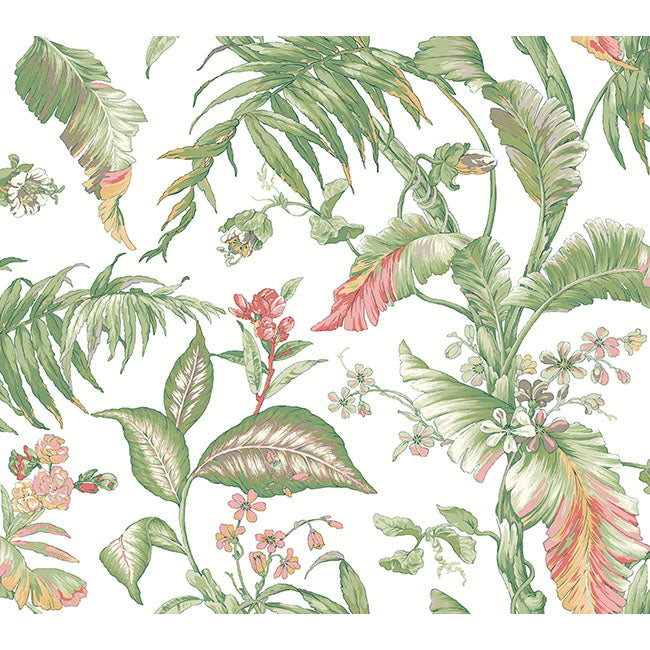 Fiji Garden Pink peel and stick wallpaper by York Wallcoverings, tropical leaves and flowers