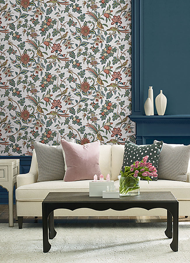 Parterre Coral Cornflower & Ginger by Antonina Vella Jacobean Wallpaper – York Designer Series VP1316