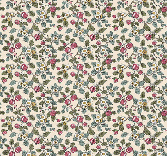 Antonina Vella Framboise Merlot Berry Vines Wallpaper in Mulberry & Evergreen on cream with 27 in width and 27 ft length.