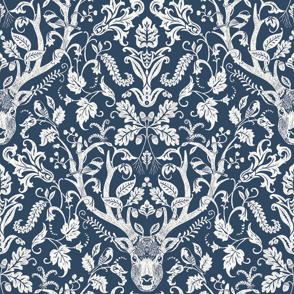 Kiwassa Navy Antler Damask Wallpaper by Chesapeake