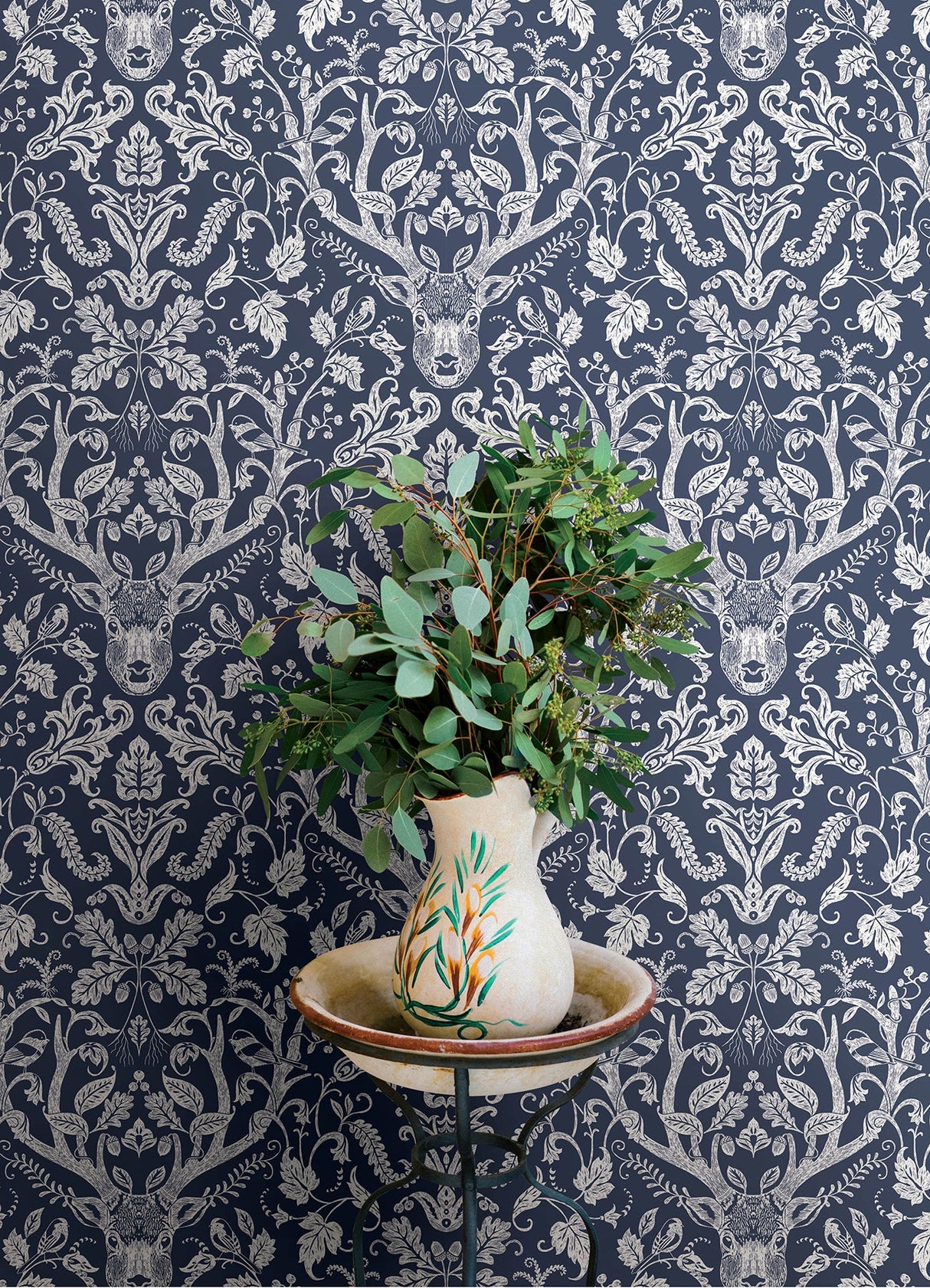 Kiwassa Navy by Chesapeake Antler Damask Wallpaper – Brewster 4169-12703