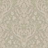 Kiwassa Sage antler damask wallpaper in cream on a sage green background showing deer, birds, and foliage motif.