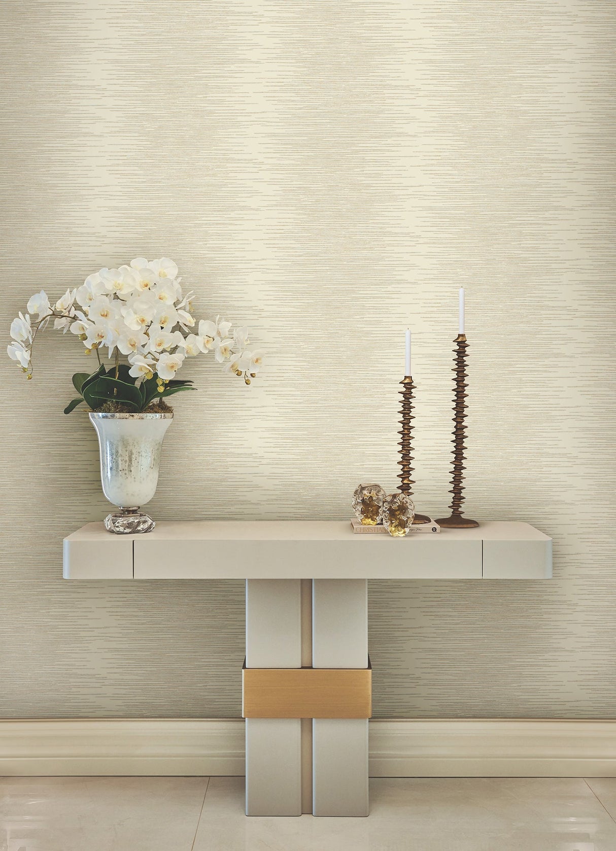 Operetta Cream by Ronald Redding Metallic Columns Wallpaper – York Designer Series VR1501