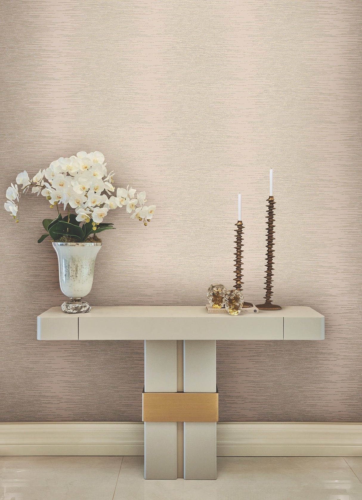 Operetta Blush by Ronald Redding Metallic Columns Wallpaper- York Designer Series VR1502